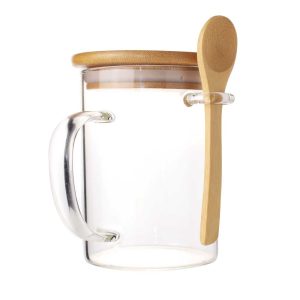 Clear Glass Mug with Bamboo Lid and Spoon - Image 1