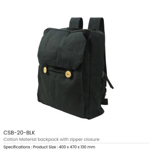 Black Cotton Backpack with Zipper Closure - Image 11