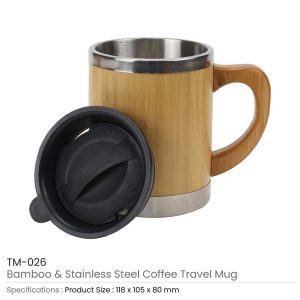 Bamboo and Stainless Steel Coffee Travel Mug with Handle and Lid - Image 3