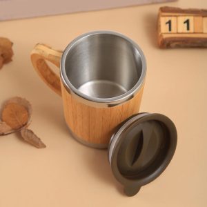 Bamboo and Stainless Steel Coffee Travel Mug with Handle and Lid - Image 4