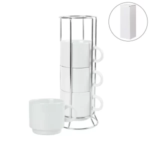 Ceramic Coffee Cups Set 4Pcs in Silver Metal Rack - Image 1