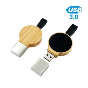 Bamboo Round LED Logo USB with Strap 64GB V. 3.0 - Image 1