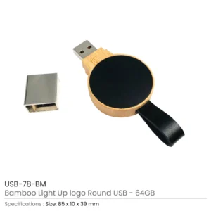 Bamboo Round LED Logo USB with Strap 64GB V. 3.0 - Image 3