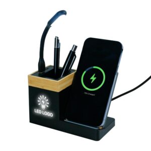 Bamboo Pen Holder with 15W Wireless Charger & LED Logo - Image 2