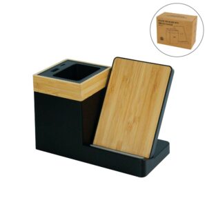 Bamboo Pen Holder with 15W Wireless Charger & LED Logo - Image 1