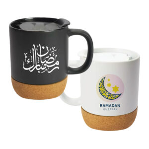 Ceramic Mugs with Lid and Cork Base 385 ml - Ramadan Gifts - Image 1