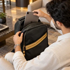 Backpack in PU Leather with Arabic Traditional Gold Bisht Design - Image 3